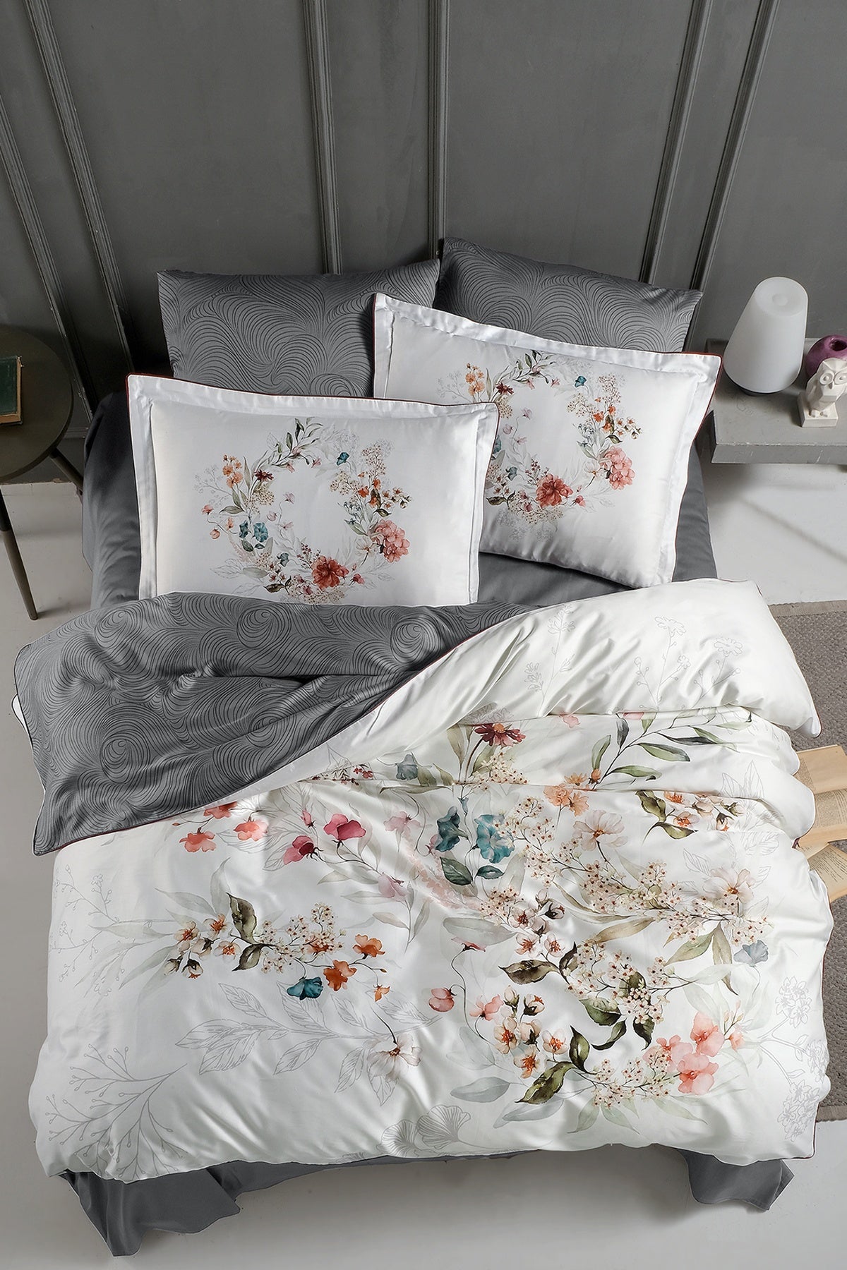 Floral %100 Pamuk 300 TC (120 Tel) Nevresim Takımı Gri